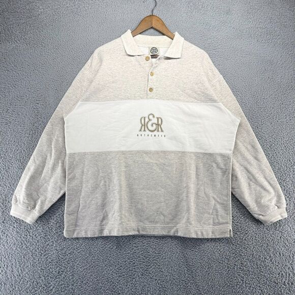 Vintage Colorblock Sweatshirt Mens Large Beige Tan Colorblock Collared Rugby 90s - Picture 1 of 11
